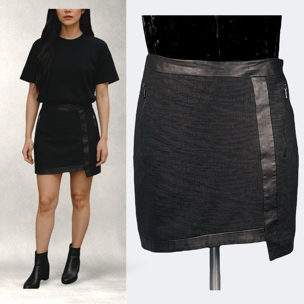 HELMUT LANG 100%Lamb Leather Asymmetric Mini Black Skirt Textured Cocktail Work